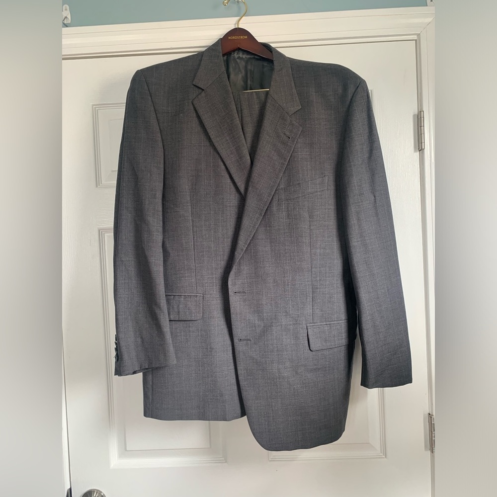 Joseph Abboud Gray Plaid Wool -Suit – 46 Size- flawed (read description)